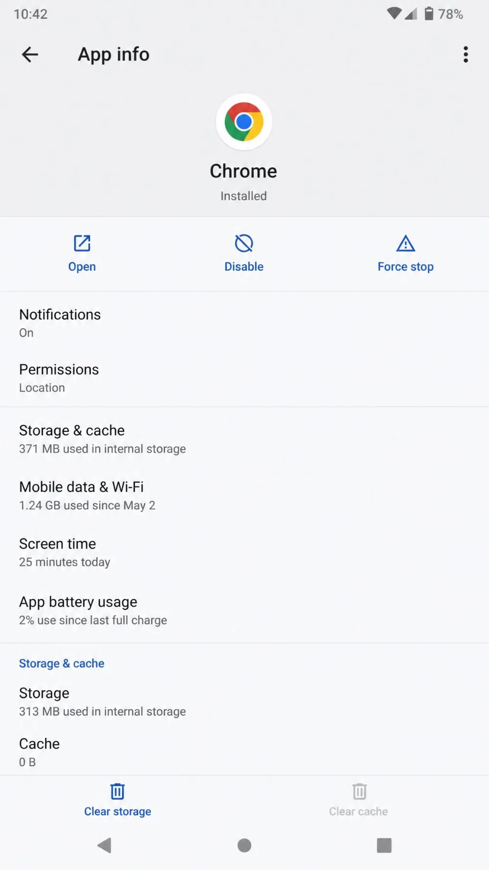 An Android app info screen after tapping Clear cache, cache size now reading zero bytes.
