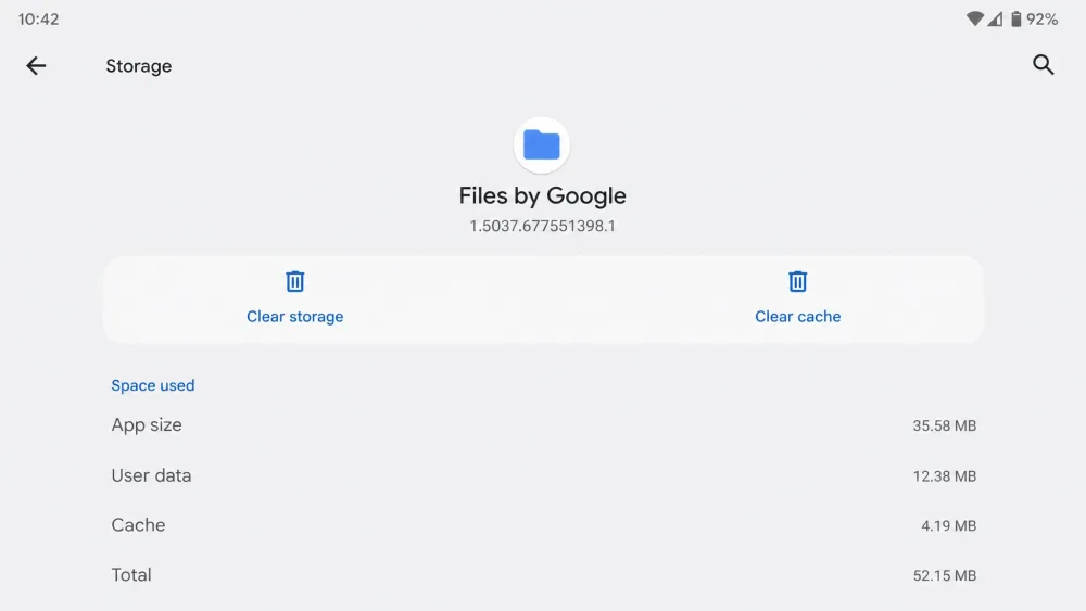The Android Storage and cache screen showing the Clear cache button beside Clear storage.