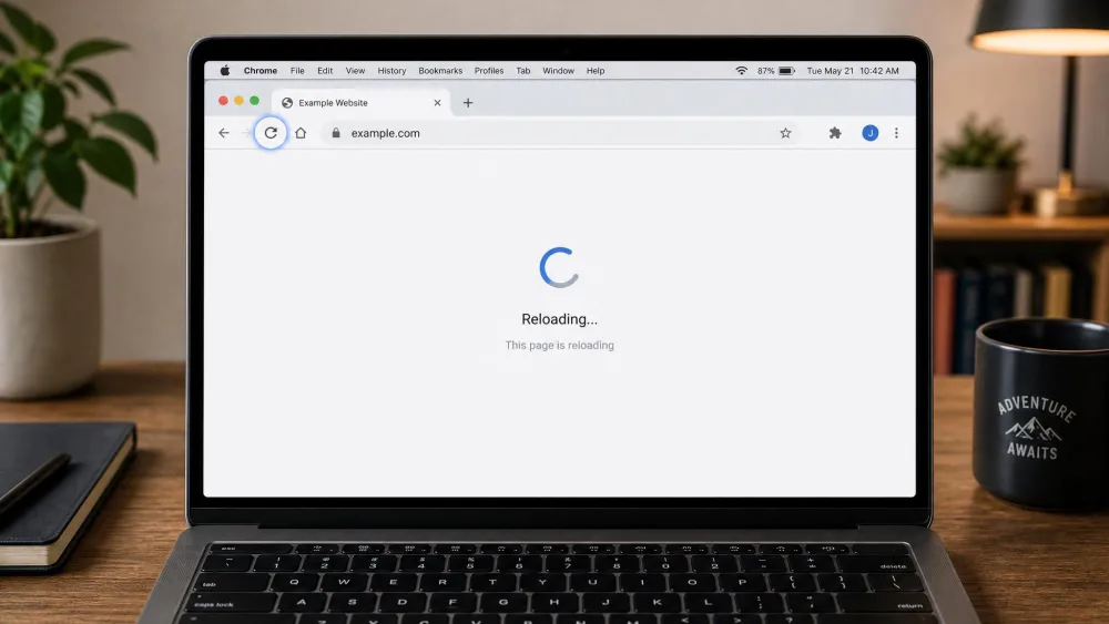A laptop showing a web page reloading in Chrome, with the browser's reload button highlighted.