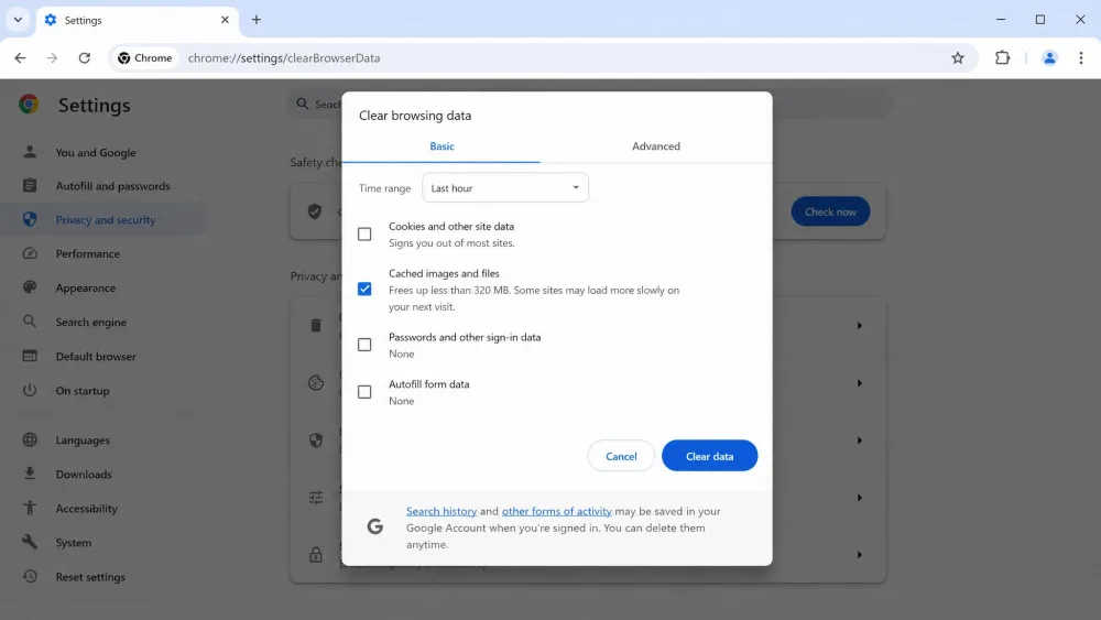 Chrome's Clear browsing data dialog with Cached images and files ticked and Cookies left unticked.