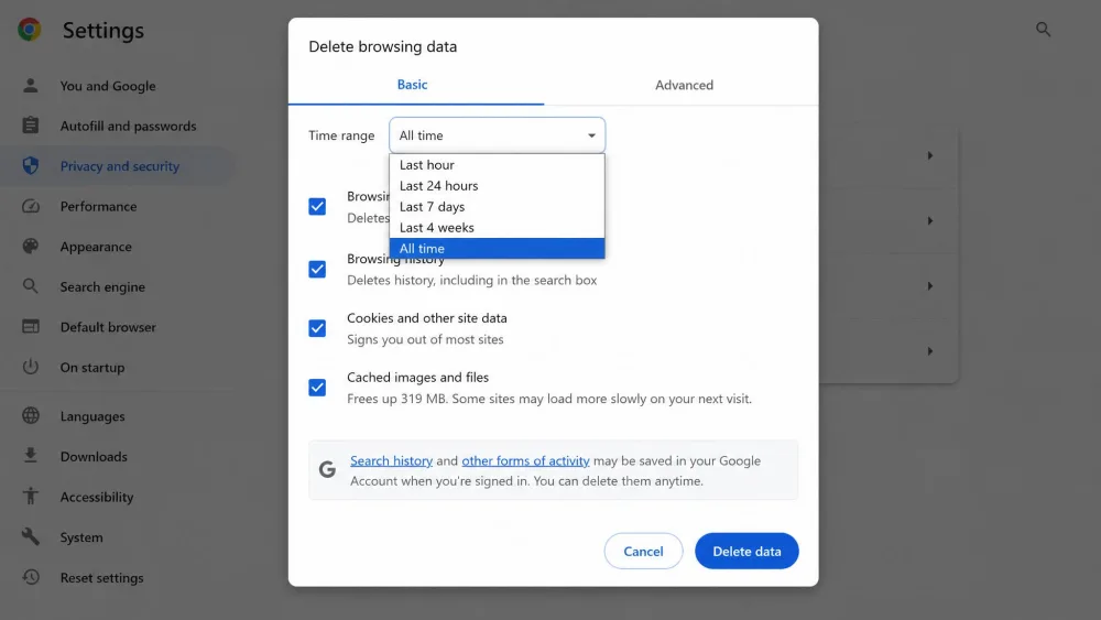 Chrome's Delete browsing data dialog with the Time range dropdown expanded to All time.