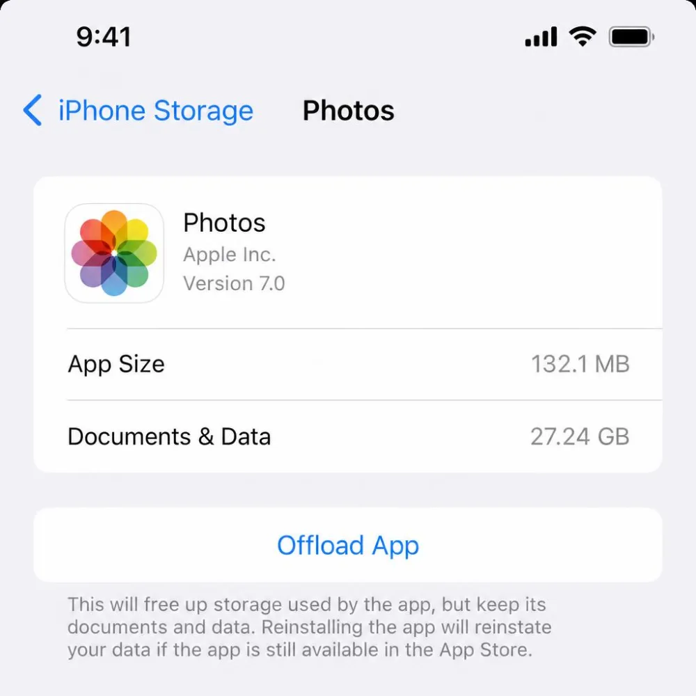 The iPhone Storage screen for one app, with the Offload App button below its size figures.