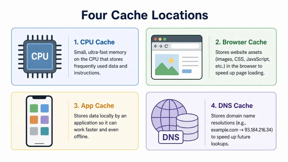 An illustration labelling four cache locations: CPU cache, browser cache, app cache and DNS cache.