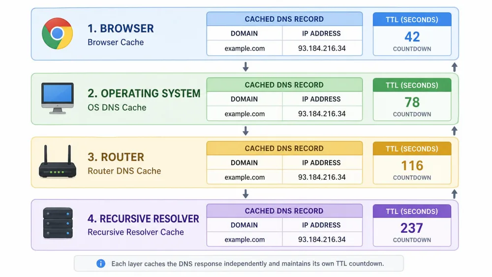 A stacked diagram of the four DNS cache layers labelled browser, operating system, router, and recursive resolver, each shown holding its own copy of a domain-to-IP record with a separate TTL countdown.