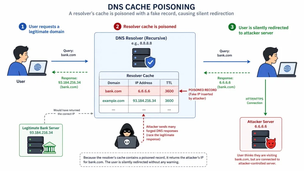 A diagram showing DNS cache poisoning, where a resolver's cache holds a corrupted record so a user requesting a legitimate bank domain is silently redirected to an attacker-controlled server at a different IP address.
