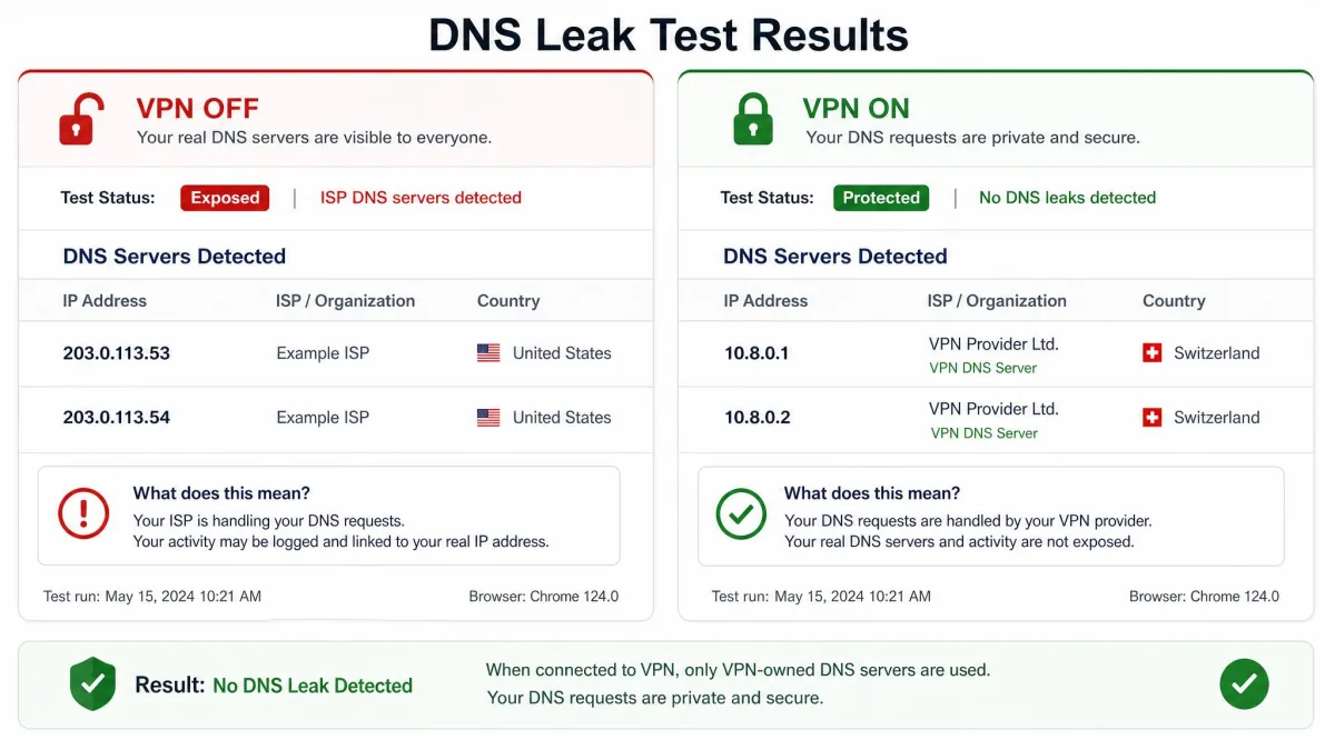Side-by-side DNS leak test results showing ISP DNS servers listed with the VPN off and different VPN-owned DNS servers with the VPN on, illustrating a clean, non-leaking connection.