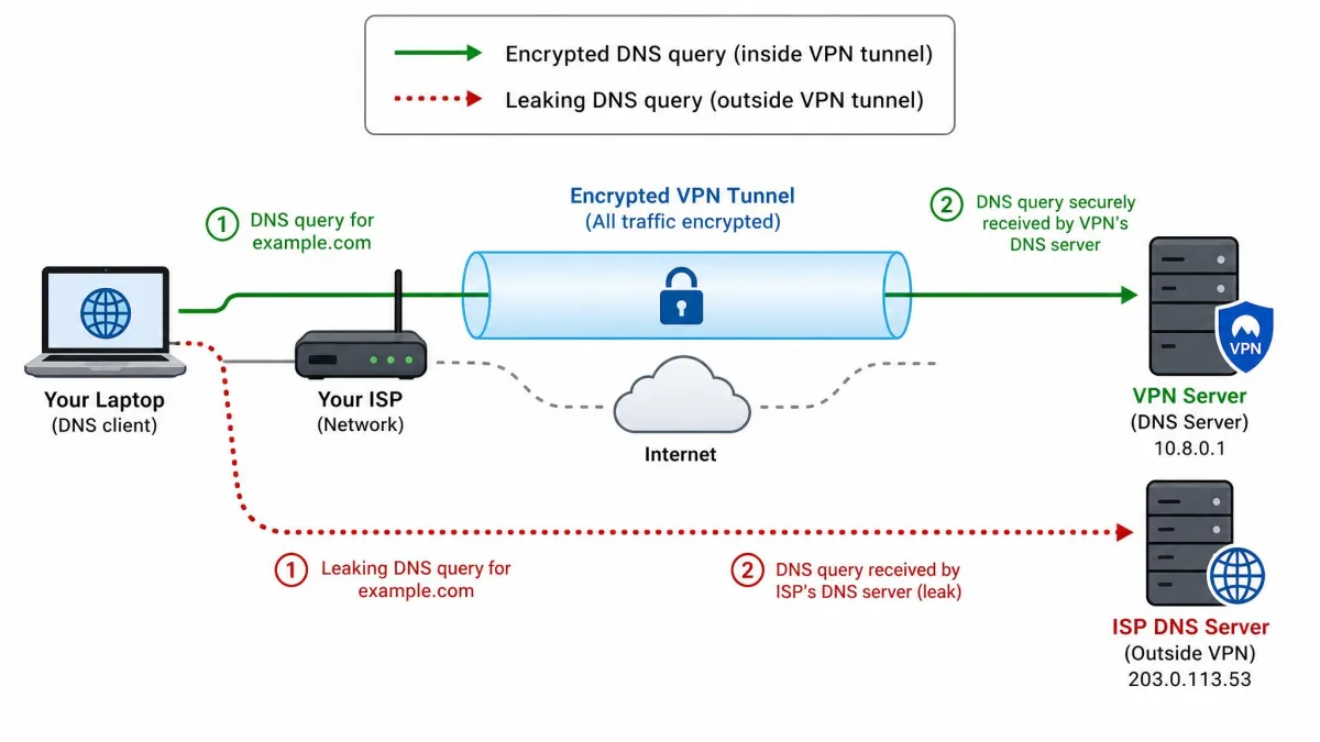 Diagram showing a DNS query traveling from a laptop through an encrypted VPN tunnel to the VPN's DNS server, with a second dotted arrow showing a leaking query escaping straight to the ISP's DNS server outside the tunnel.