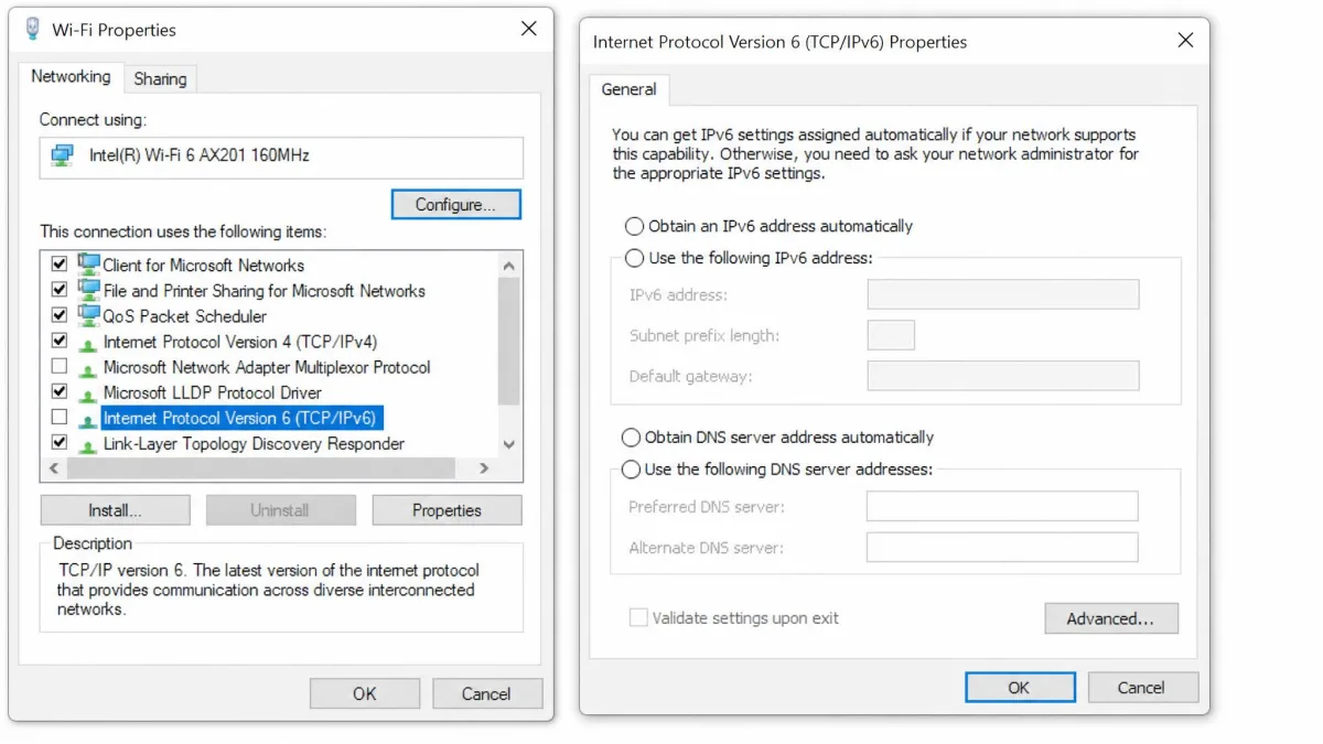 Windows network adapter properties dialog with the Internet Protocol Version 6 (TCP/IPv6) checkbox unticked to disable IPv6 and stop IPv6 DNS leaks.