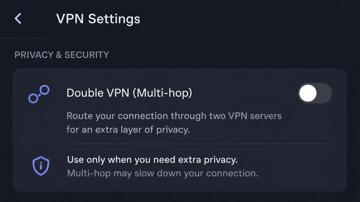 A close-up of a VPN app settings screen with a double VPN or multi-hop toggle switched off, suggesting it should be enabled only when needed.