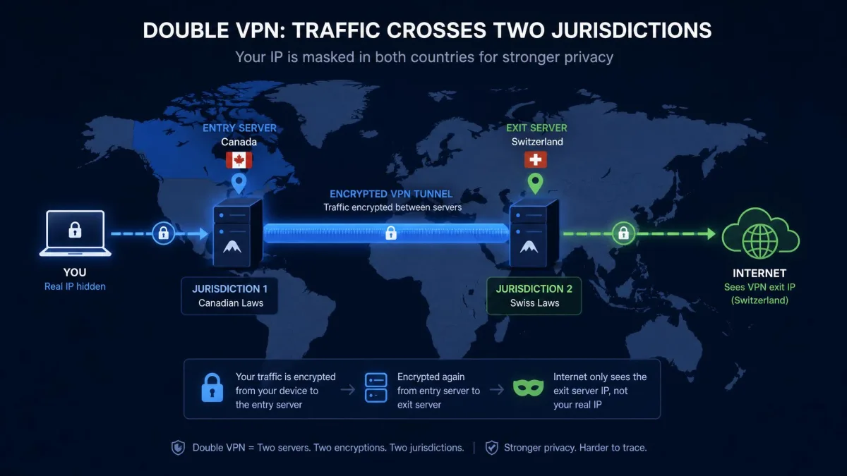 A world map showing a VPN connection entering a server in one country and exiting through a server in a second country, illustrating how double VPN traffic crosses two jurisdictions.