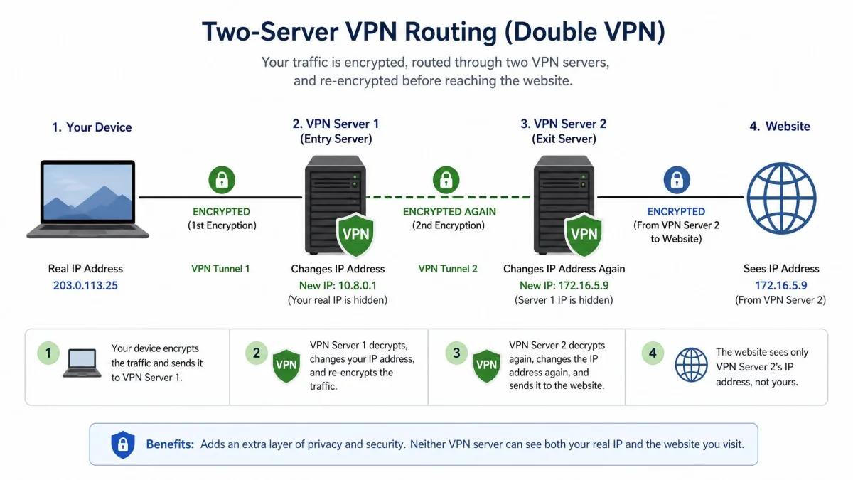Diagram showing a laptop connected through a first VPN server that encrypts and changes the IP address, then a second VPN server that re-encrypts the traffic before it reaches a website, illustrating two-server routing.