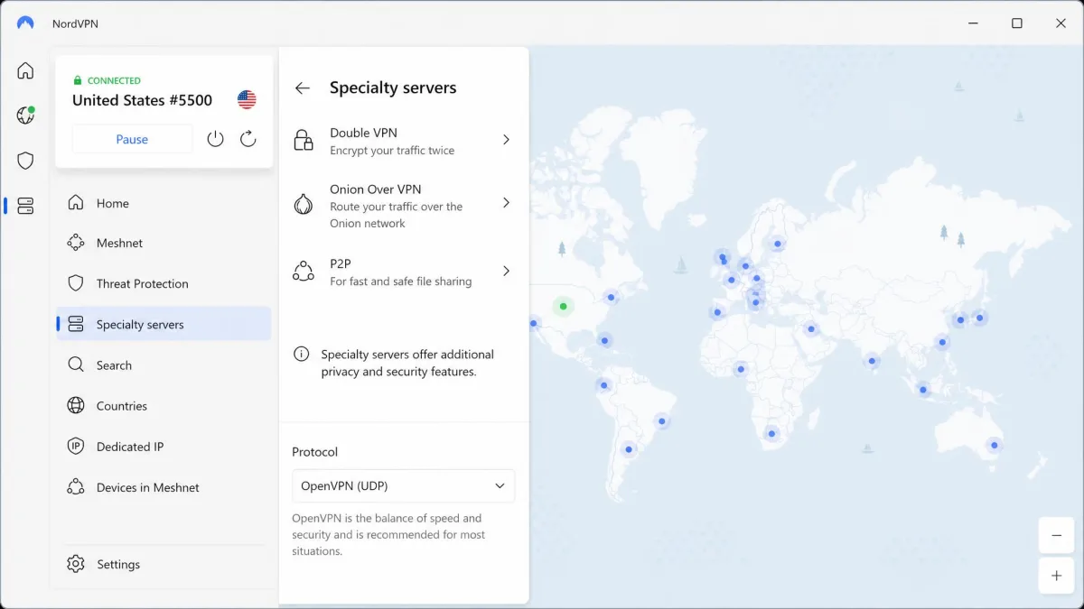 NordVPN desktop app showing the specialty servers list with Double VPN and Onion Over VPN options, and the protocol setting switched to OpenVPN in the sidebar.