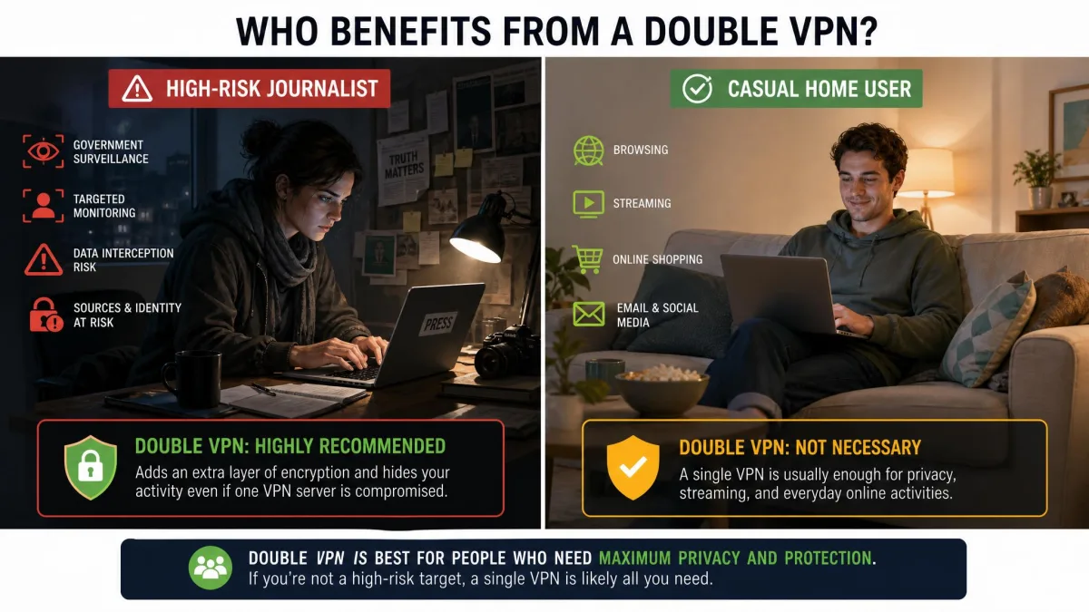 An illustration contrasting a high-risk journalist working on a laptop with a casual home user browsing on a couch, showing which type of person benefits from a double VPN.