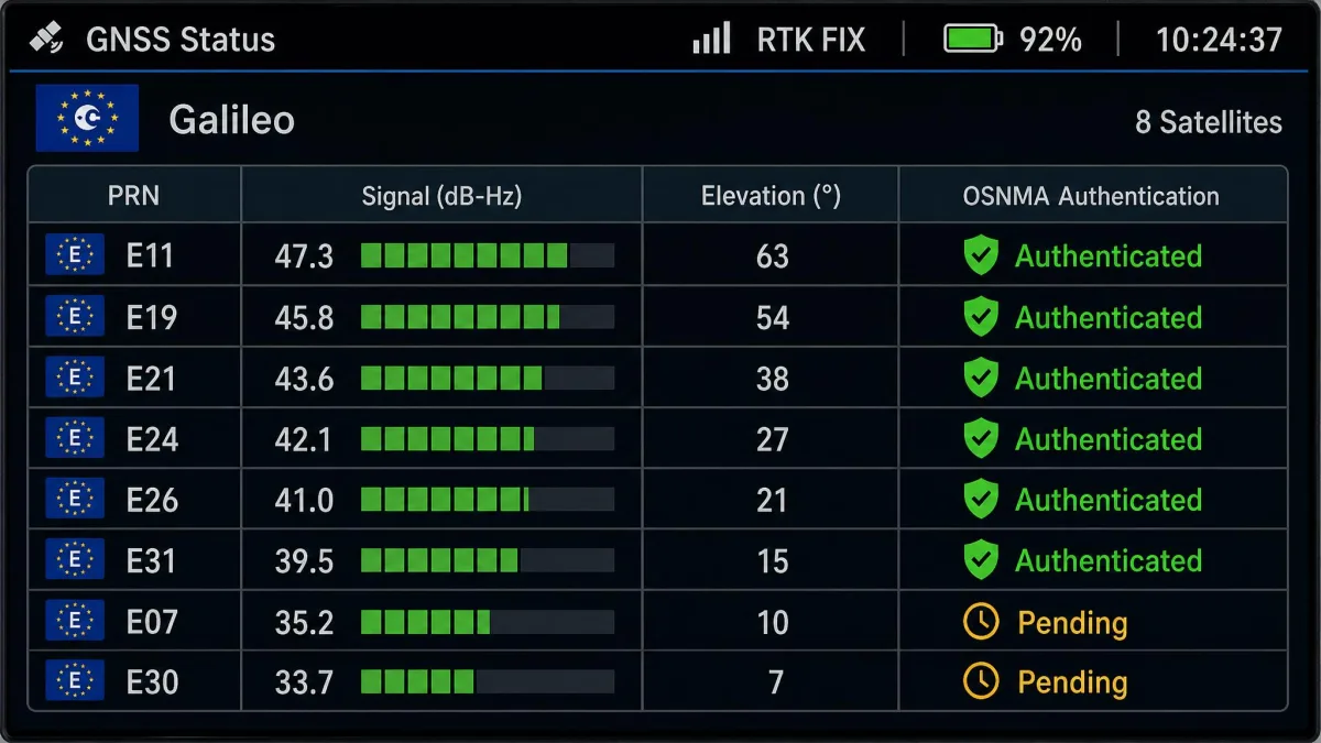 Close-up of a GNSS receiver status screen listing Galileo satellites with an OSNMA authentication column showing green authenticated status for six satellites and a pending status for two.