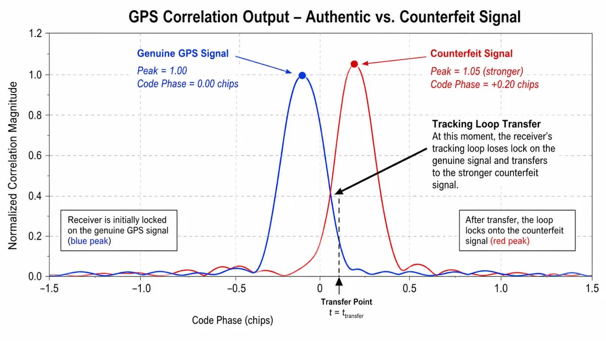 Annotated signal plot showing a genuine GPS correlation peak and a slightly stronger counterfeit peak beside it, with an arrow marking the moment the receiver's tracking loop transfers to the fake signal.