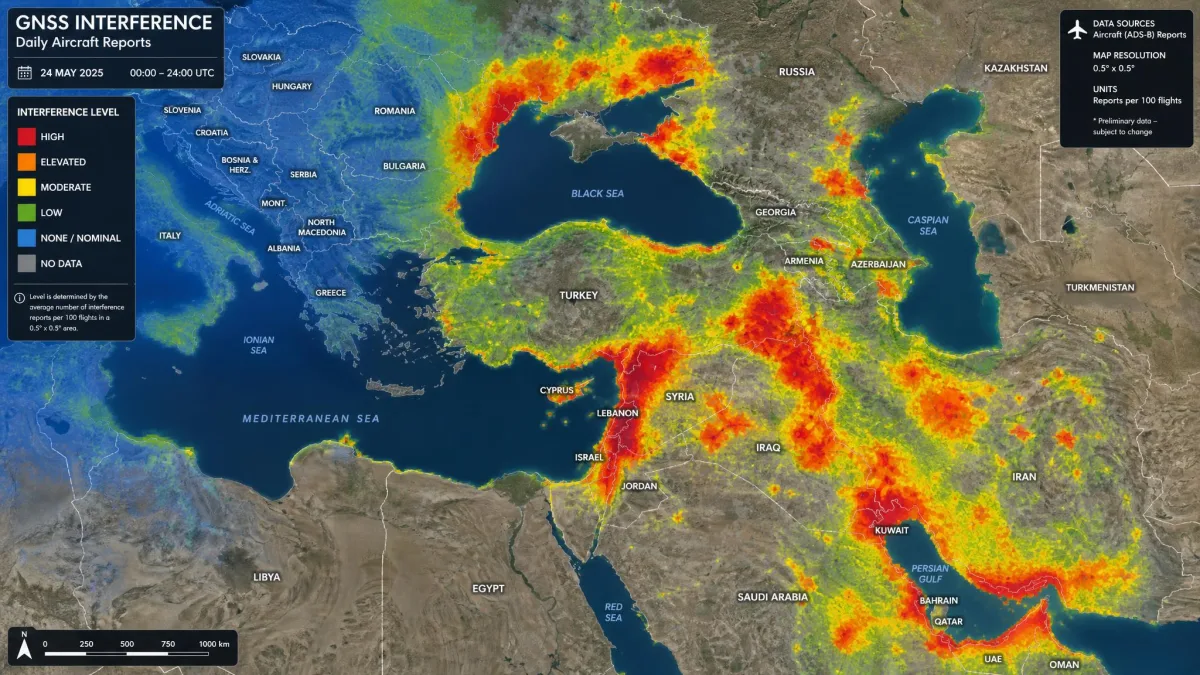 Map of the Eastern Mediterranean, Black Sea and Persian Gulf shaded to show daily aircraft-reported GNSS interference levels, with dense red clusters around conflict zones and clear areas over Western Europe.