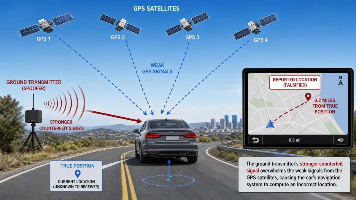 Diagram showing four GPS satellites broadcasting weak signals to a car while a nearby ground transmitter sends a stronger counterfeit signal, with the car's map display showing a location several miles from its true position.