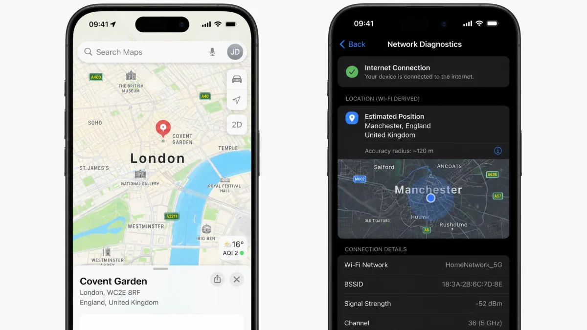 Two phone screens side by side, one showing a mapping app with the location pin in central London and the other showing a network diagnostics app reporting a Wi-Fi derived position in Manchester.