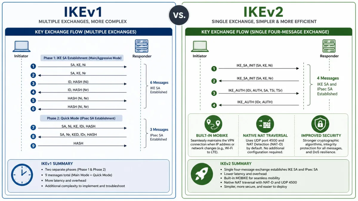 Side-by-side comparison graphic contrasting IKEv1 and IKEv2, highlighting IKEv2's single four-message exchange, built-in MOBIKE, and native NAT traversal against IKEv1's multiple exchanges.