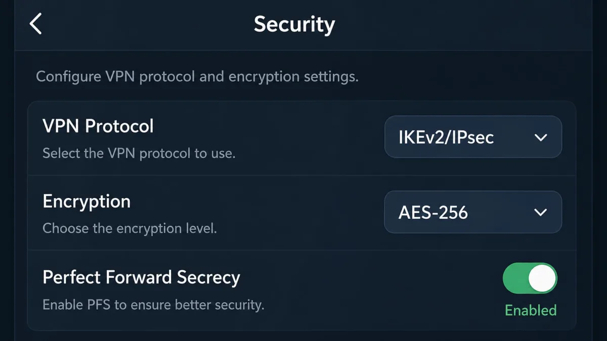 Close-up of a VPN app security screen showing IKEv2/IPsec selected with AES-256 encryption and Perfect Forward Secrecy enabled.