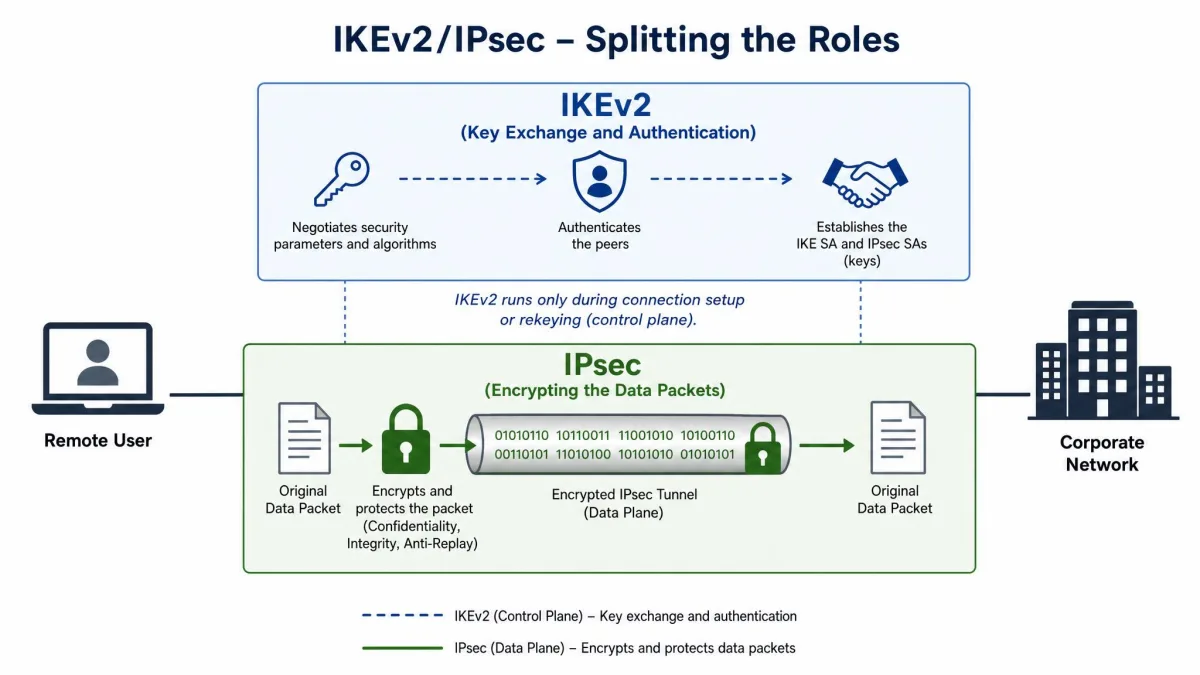 Illustration splitting the roles of an IKEv2/IPsec connection, with IKEv2 labelled for key exchange and authentication and IPsec labelled for encrypting the data packets.