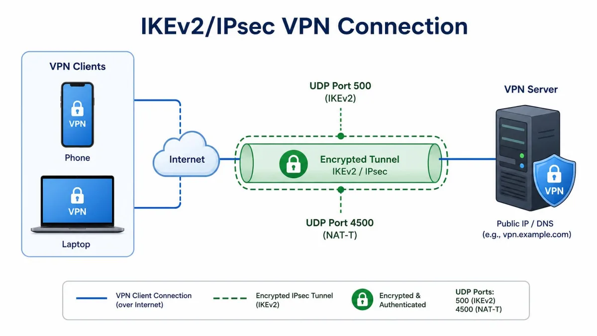 Diagram of an IKEv2/IPsec VPN connection showing a phone and laptop on the left, an encrypted tunnel in the middle labelled with UDP ports 500 and 4500, and a VPN server on the right.