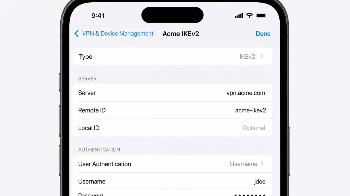 iOS Settings screen showing a native IKEv2 VPN profile with server address, remote ID, and authentication fields, illustrating built-in IKEv2 support on iPhone.