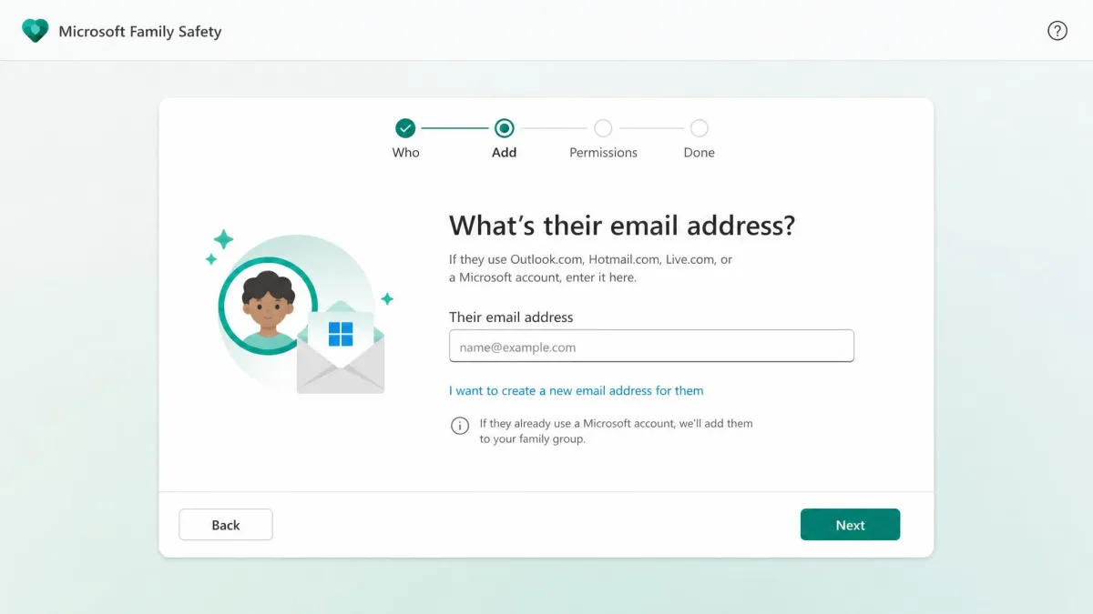 The add-a-family-member screen in the Microsoft Family Safety setup flow asking for a child's email address to create or link a Microsoft account.