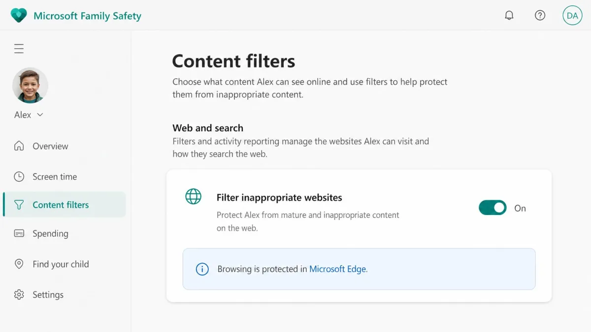 Content filter settings in Microsoft Family Safety showing the filter inappropriate websites toggle and the note that browsing is protected in Microsoft Edge.