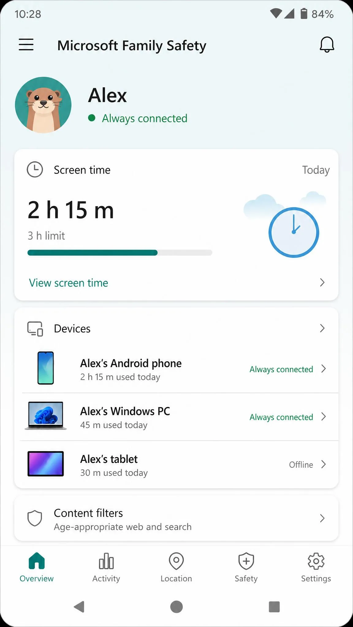 The Microsoft Family Safety app on an Android phone showing a child's device list and today's screen time at a glance.