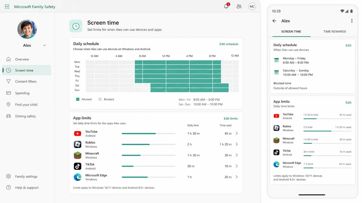 Screen time limit settings in the Microsoft Family Safety app showing a daily schedule and per-app time limits for a child's Windows and Android devices.