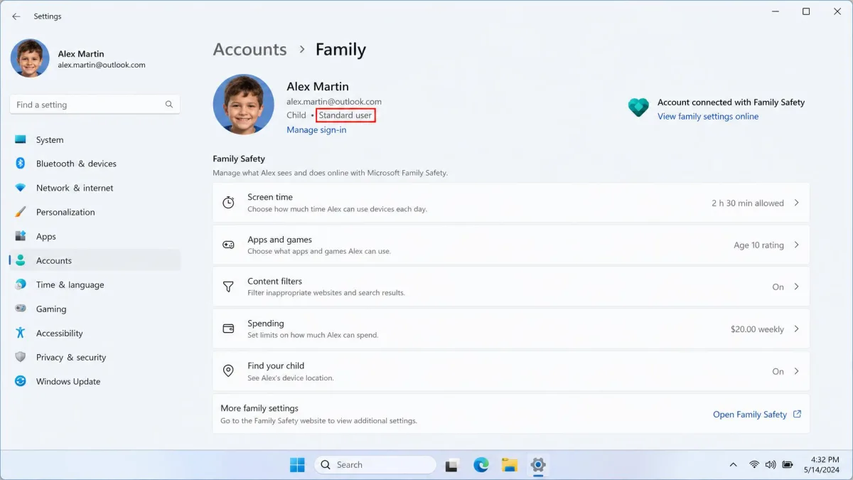 A child's account settings on a Windows 10 or 11 PC showing Family Safety controls and the child signed in as a standard user.