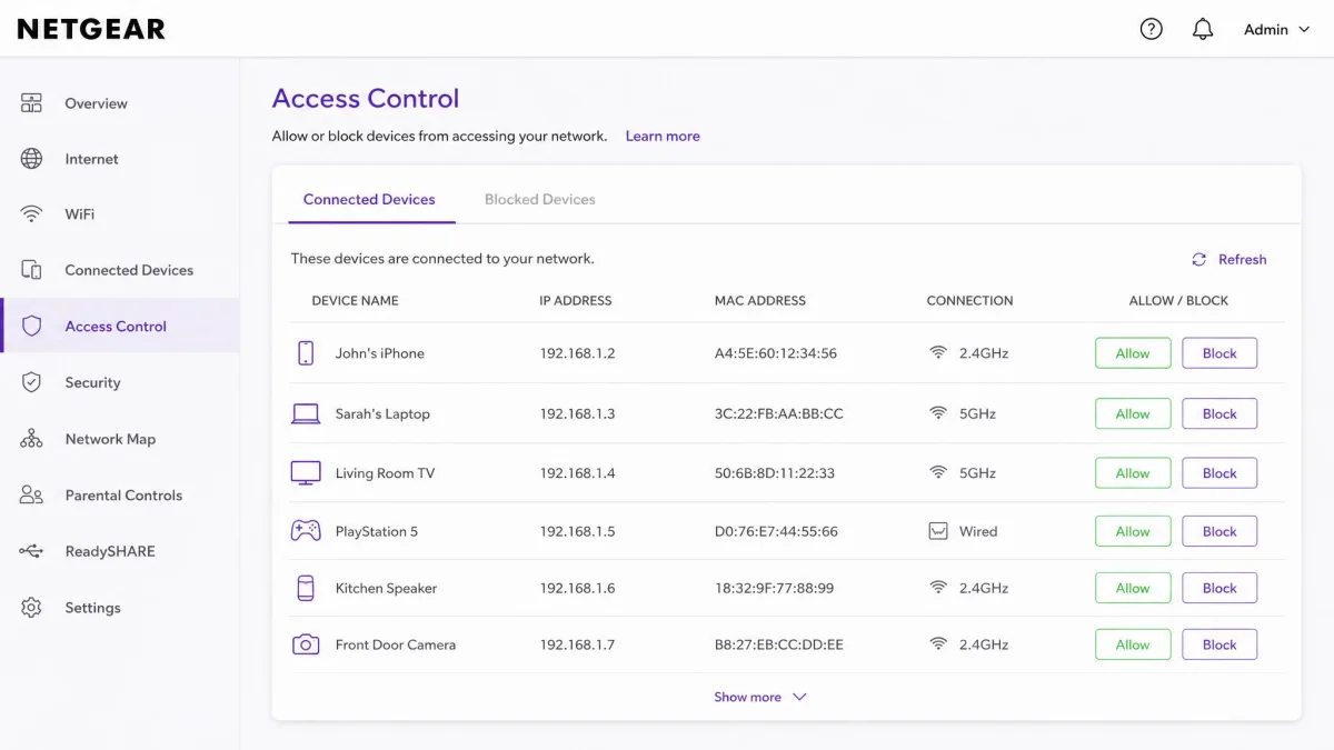 The NETGEAR Access Control page showing the connected devices list with an Allow or Block button beside each device.