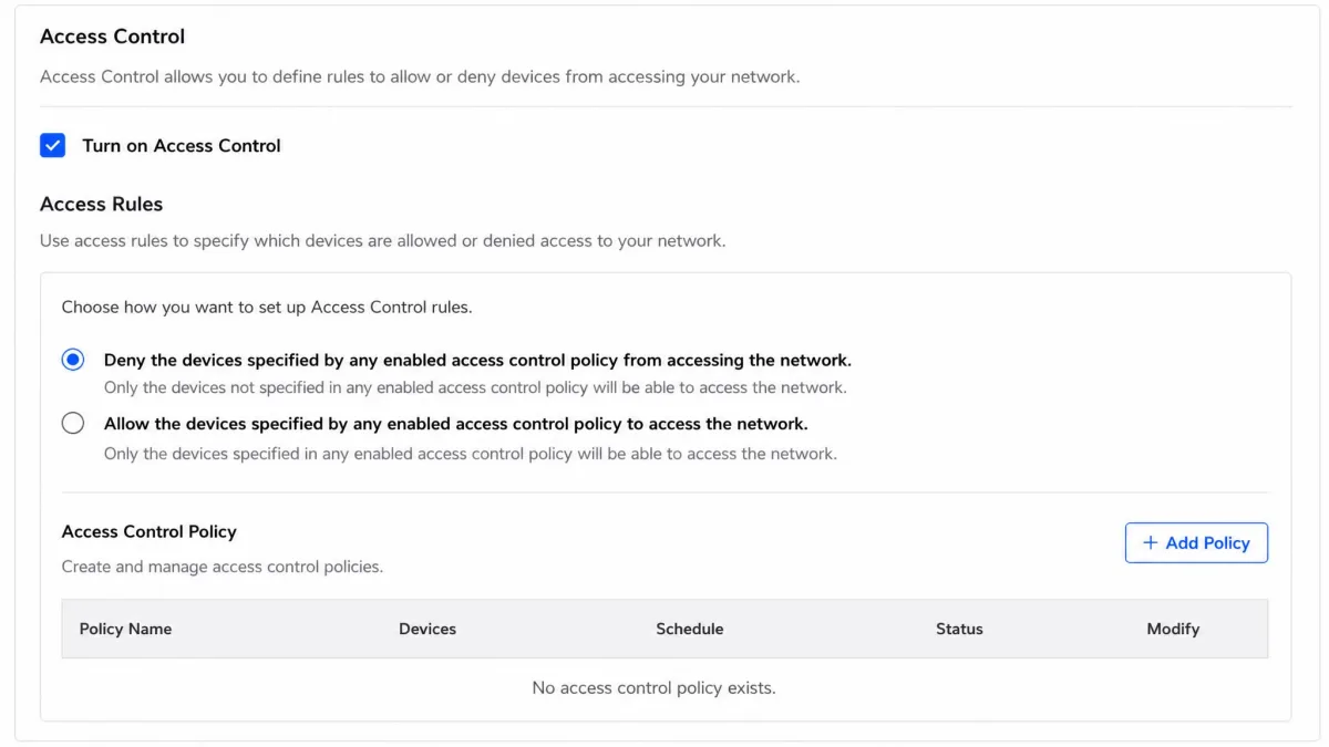 The Access Control settings showing the Turn on Access Control check box and the access rule options.
