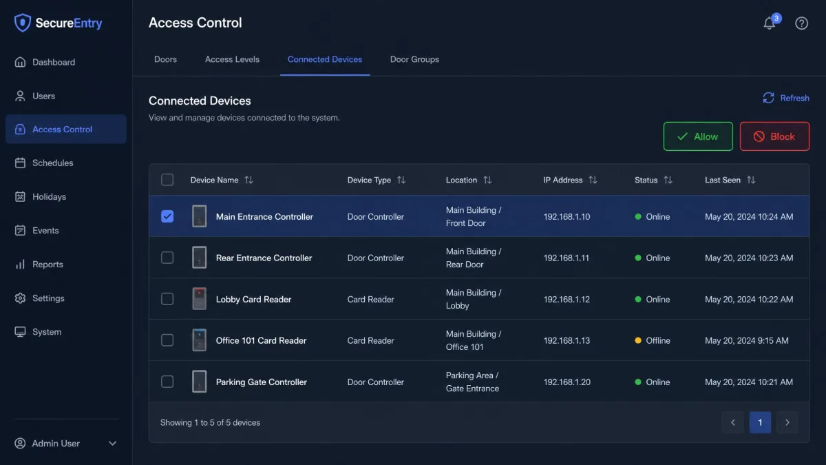 The connected devices list in Access Control with a device selected and the Allow and Block buttons highlighted.