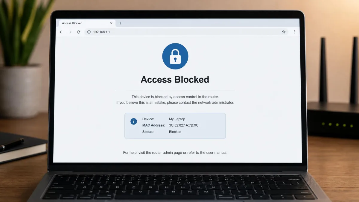 A laptop screen showing the message that the device is blocked by access control in the router.