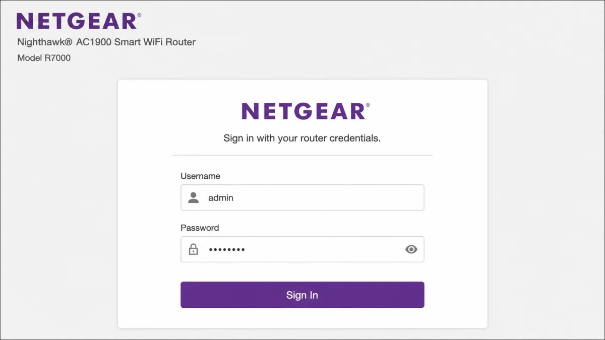 The Netgear router login page showing the admin and password fields and the Sign In button.