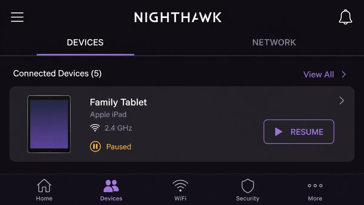 The Nighthawk app device screen showing a tablet listed as Paused with the resume control.