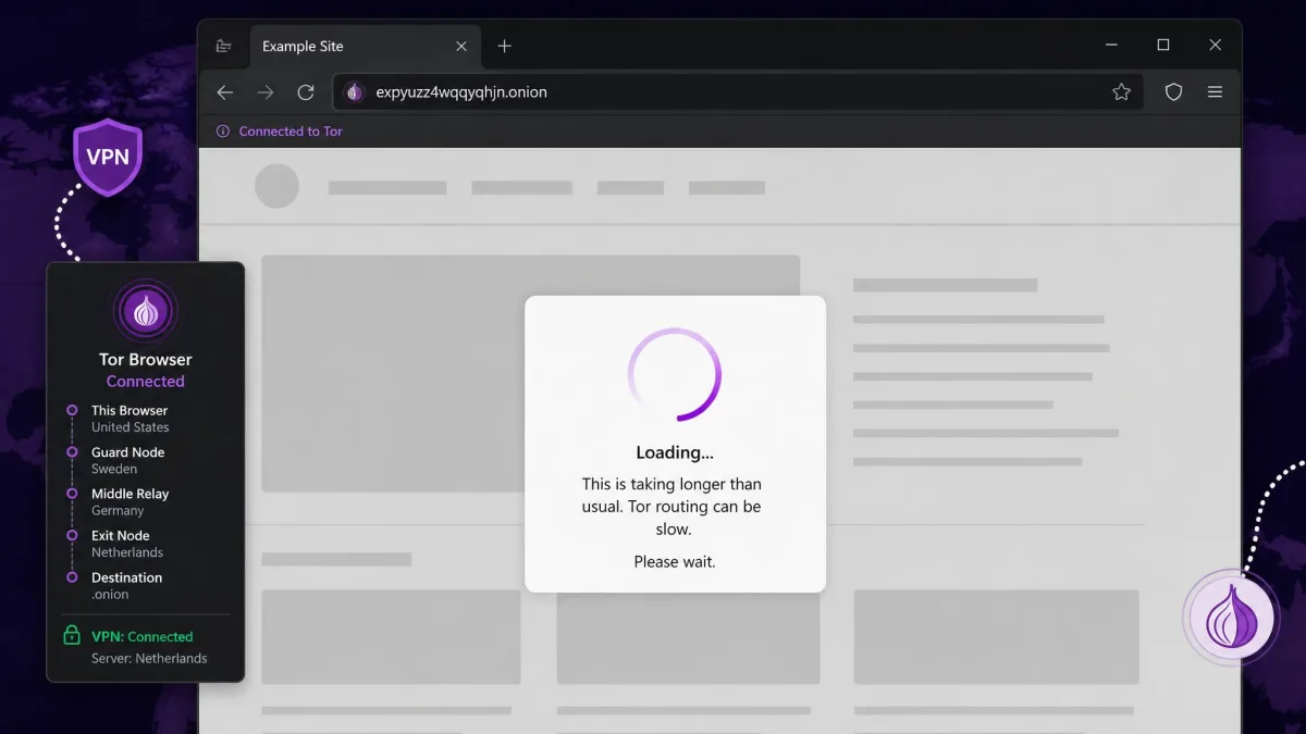 Browser window showing a loading spinner on a partially rendered web page over an onion over VPN connection, illustrating the multi-second page loads caused by Tor routing.