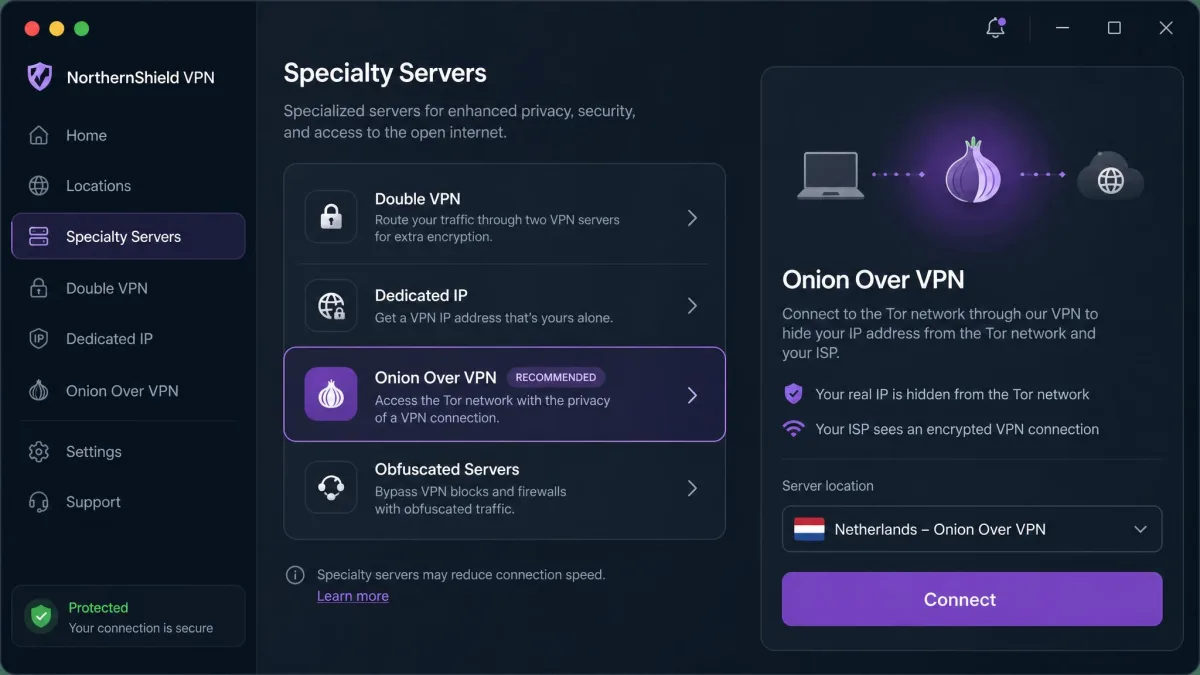 VPN desktop app showing a specialty server list with an Onion Over VPN category highlighted and a connect button, illustrating the one-click setup path.