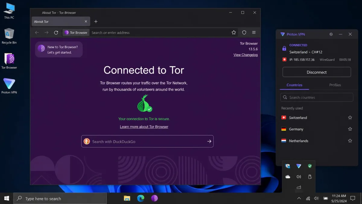 Tor Browser open on a desktop showing its connection-success screen, running on top of an active VPN app visible in the system tray, illustrating the manual VPN plus Tor Browser setup.