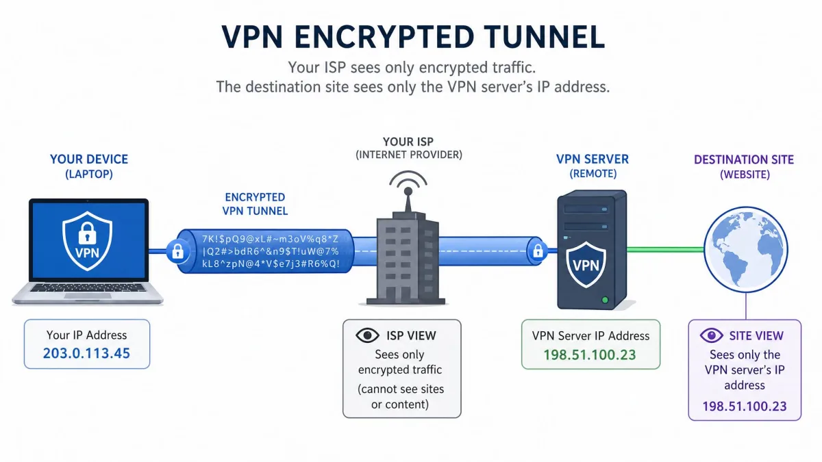 Diagram of a VPN encrypted tunnel connecting a laptop to a remote VPN server, with the ISP shown seeing only scrambled traffic and the destination site seeing the server's IP address.