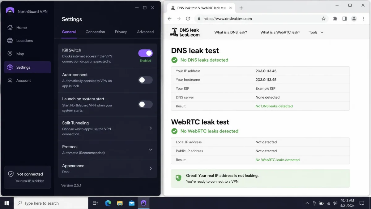 VPN app settings panel with the kill switch toggle enabled next to a browser tab showing a DNS and WebRTC leak test result, illustrating pre-connection safety checks.