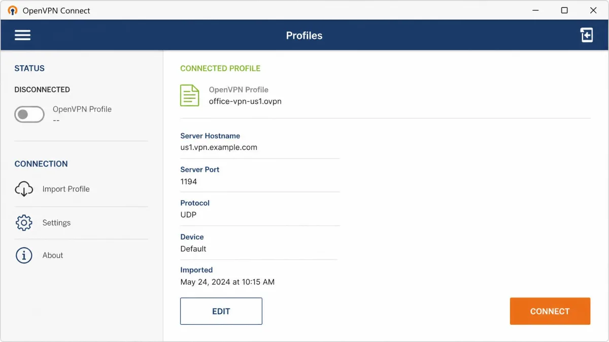 OpenVPN desktop client with an imported .ovpn configuration profile selected and a Connect button, showing the manual setup screen a user sees before connecting.