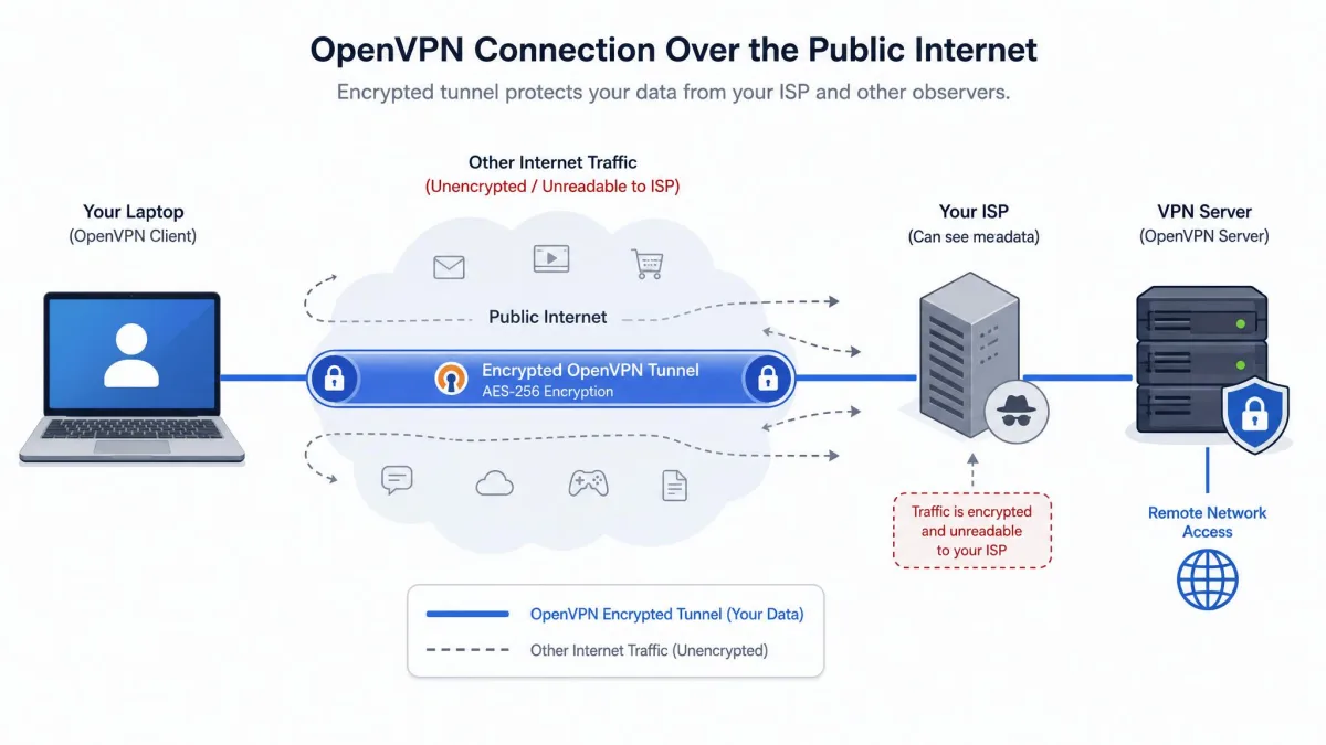 Diagram showing a laptop connecting through an encrypted OpenVPN tunnel across the public internet to a remote VPN server, with the surrounding traffic marked as unreadable to an ISP.