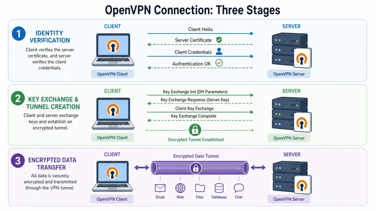 Three-stage flow diagram of an OpenVPN connection showing identity verification, key exchange and tunnel creation, then encrypted data transfer between client and server.