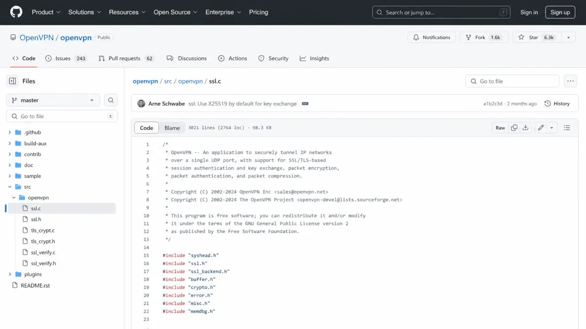 Screenshot-style view of the open-source OpenVPN source code on a code hosting page, illustrating that the codebase is public and open to third-party security audits.