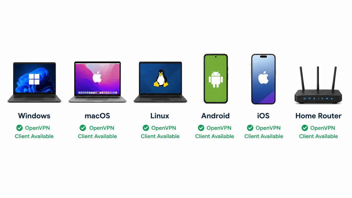 Row of device icons for Windows, macOS, Linux, Android, iOS, and a home router, each labeled to show OpenVPN client availability across platforms.