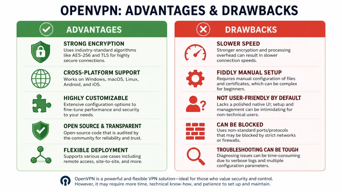 Two-column graphic summarizing OpenVPN's main advantages such as strong encryption and cross-platform support against drawbacks like slower speed and fiddly manual setup.