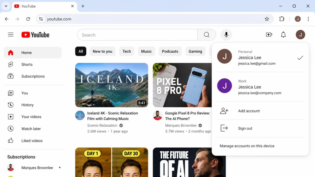 A Chrome window showing two signed-in Google accounts in the YouTube account switcher, one personal and one work.
